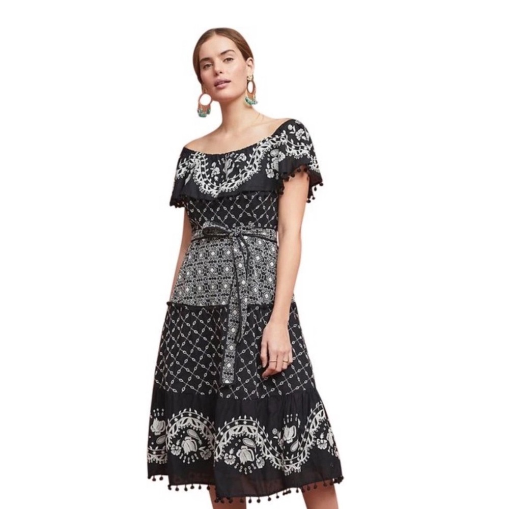 Anthropologie NWT Black White Embroidered Pom Pom Off Shoulder Midi Dress Size 6